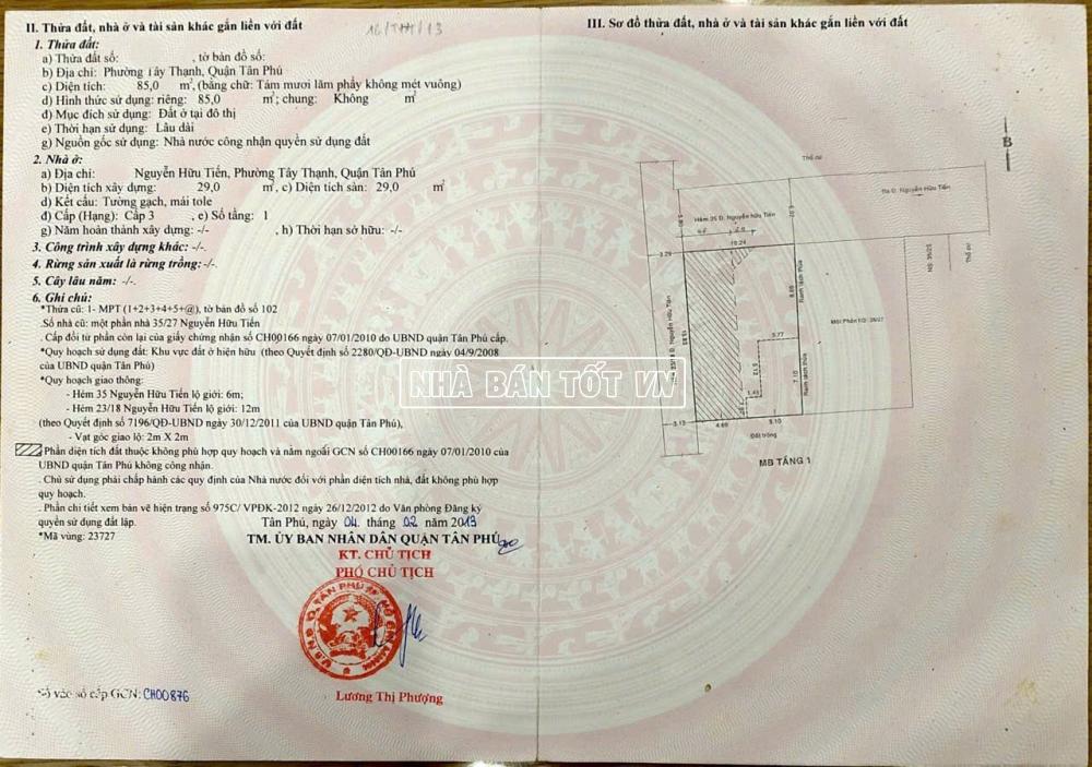 Bán nhà hẻm 35/ Nguyễn Hữu Tiến Phường Tây Thạnh 2 ban nha hem 35 nguyen huu tien phuong tay thanh
